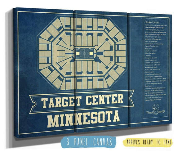 36" x 24" / 3 Panel Canvas Wrap Cutler West Minnesota Timberwolves Vintage Target Center Vintage Basketball Blueprint NBA Print