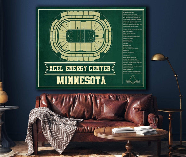 Cutler West Minnesota Wild Team Colors - Xcel Energy Center Vintage Hockey Blueprint NHL Print