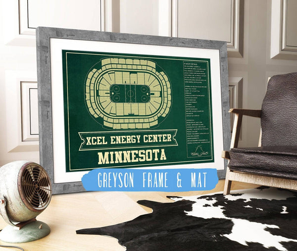 14" x 11" / Greyson Frame & Mat Cutler West Minnesota Wild Team Colors - Xcel Energy Center Vintage Hockey Blueprint NHL Print