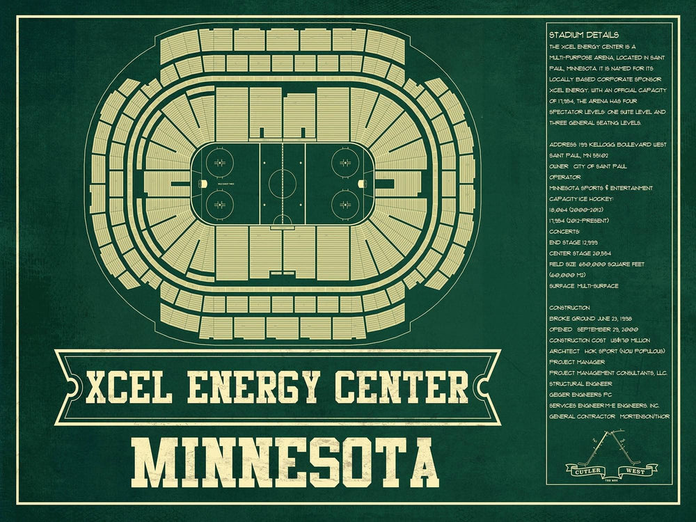 14" x 11" / Stretched Canvas Wrap Cutler West Minnesota Wild Team Colors - Xcel Energy Center Vintage Hockey Blueprint NHL Print