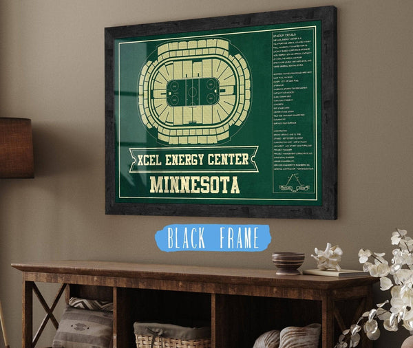 20" x 16" / Black Frame Cutler West Minnesota Wild Team Colors - Xcel Energy Center Vintage Hockey Blueprint NHL Print
