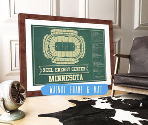 20" x 16" / Walnut Frame & Mat Cutler West Minnesota Wild Team Colors - Xcel Energy Center Vintage Hockey Blueprint NHL Print