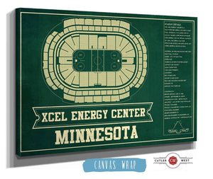 36" x 24" / 3 Panel Canvas Wrap Cutler West Minnesota Wild Team Colors - Xcel Energy Center Vintage Hockey Blueprint NHL Print