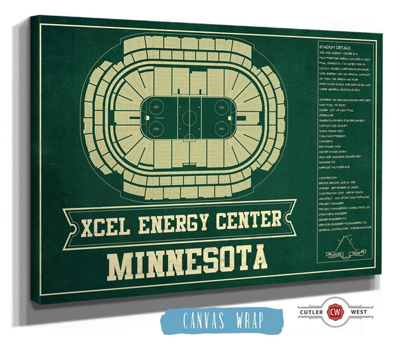 36" x 24" / 3 Panel Canvas Wrap Cutler West Minnesota Wild Team Colors - Xcel Energy Center Vintage Hockey Blueprint NHL Print