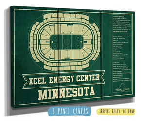 48" x 36" / 3 Panel Canvas Wrap Cutler West Minnesota Wild Team Colors - Xcel Energy Center Vintage Hockey Blueprint NHL Print