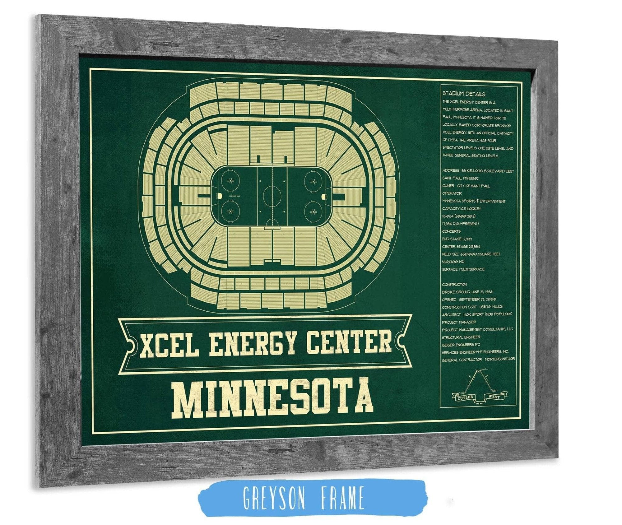 Cutler West 14" x 11" / Greyson Frame Minnesota Wild Team Colors - Xcel Energy Center Vintage Hockey Blueprint NHL Print 659981782-TEAM
