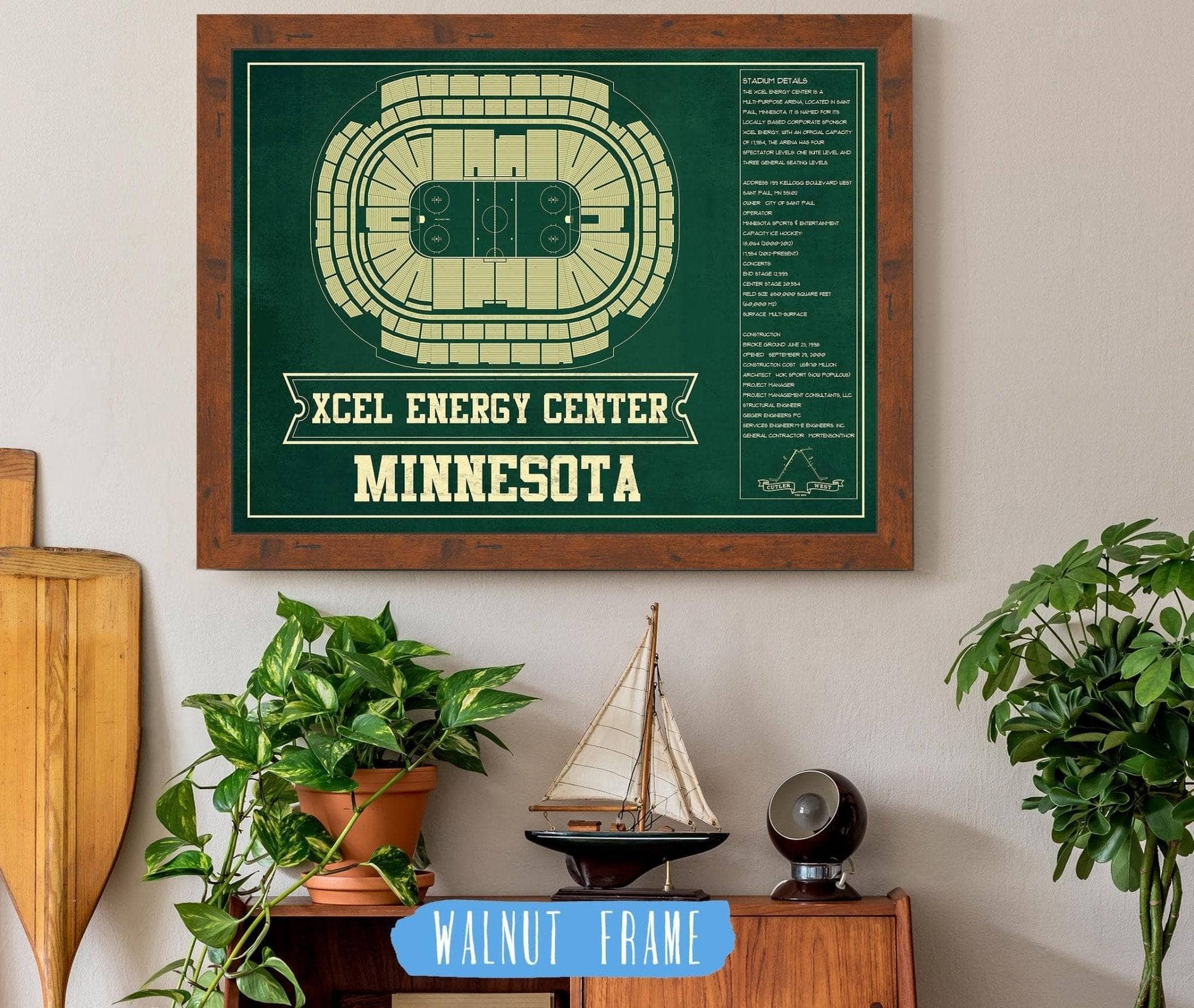 Cutler West 14" x 11" / Walnut Frame Minnesota Wild Team Colors - Xcel Energy Center Vintage Hockey Blueprint NHL Print 659981782-TEAM