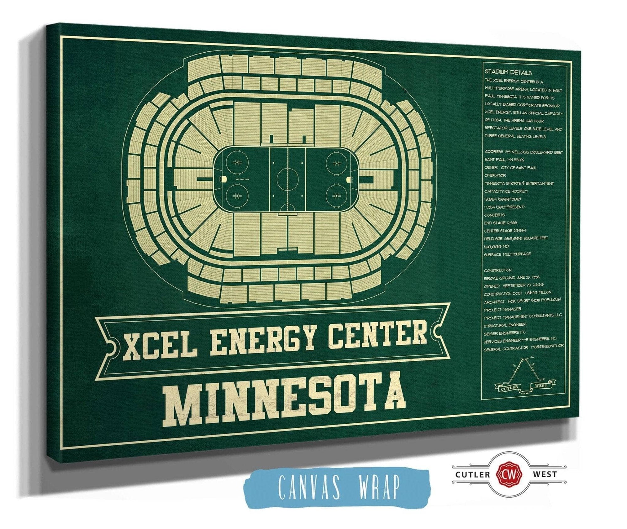 Cutler West 14" x 11" / Stretched Canvas Wrap Minnesota Wild Team Colors - Xcel Energy Center Vintage Hockey Blueprint NHL Print 659981782-TEAM