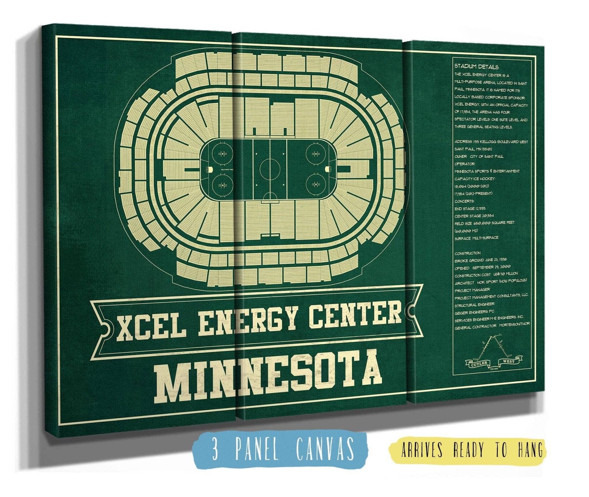 Cutler West 48" x 32" / 3 Panel Canvas Wrap Minnesota Wild Team Colors - Xcel Energy Center Vintage Hockey Blueprint NHL Print 659981782-TEAM