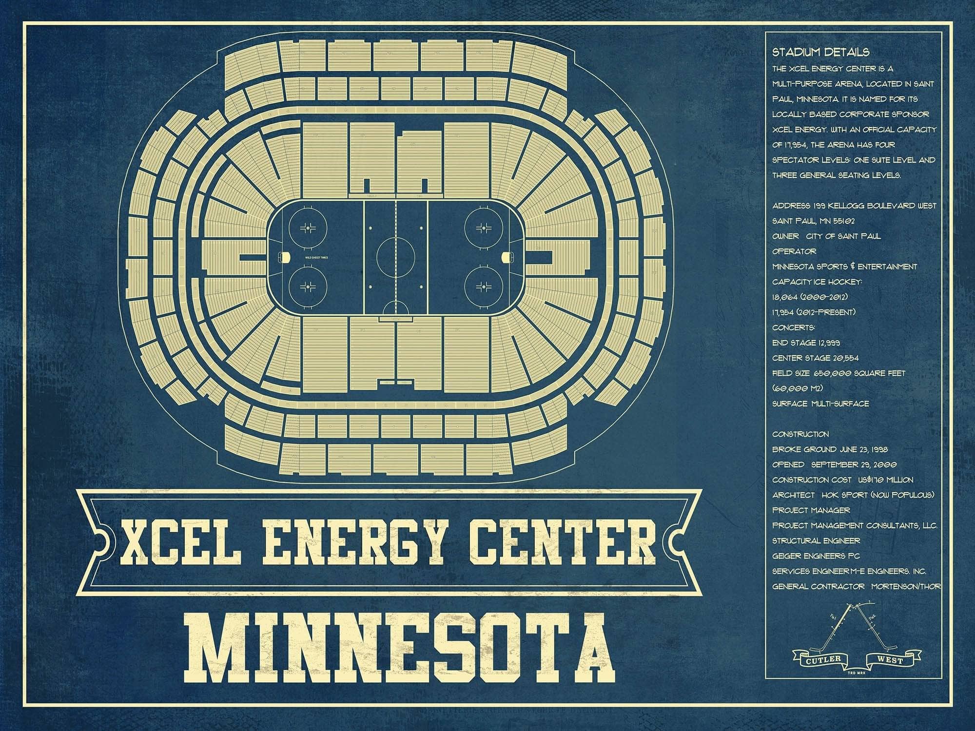 Cutler West 14" x 11" / Unframed Minnesota Wild - Xcel Energy Center Vintage Hockey Blueprint NHL Print 659981782_79929