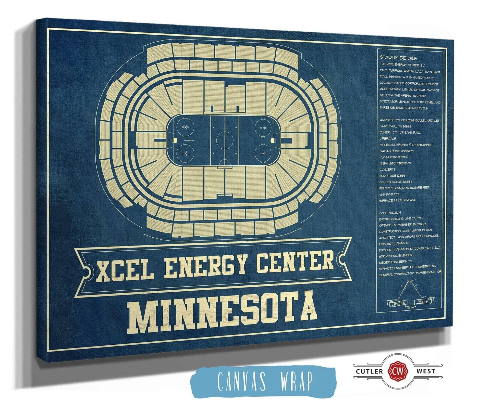 Cutler West 14" x 11" / Stretched Canvas Wrap Minnesota Wild - Xcel Energy Center Vintage Hockey Blueprint NHL Print 659981782_79934
