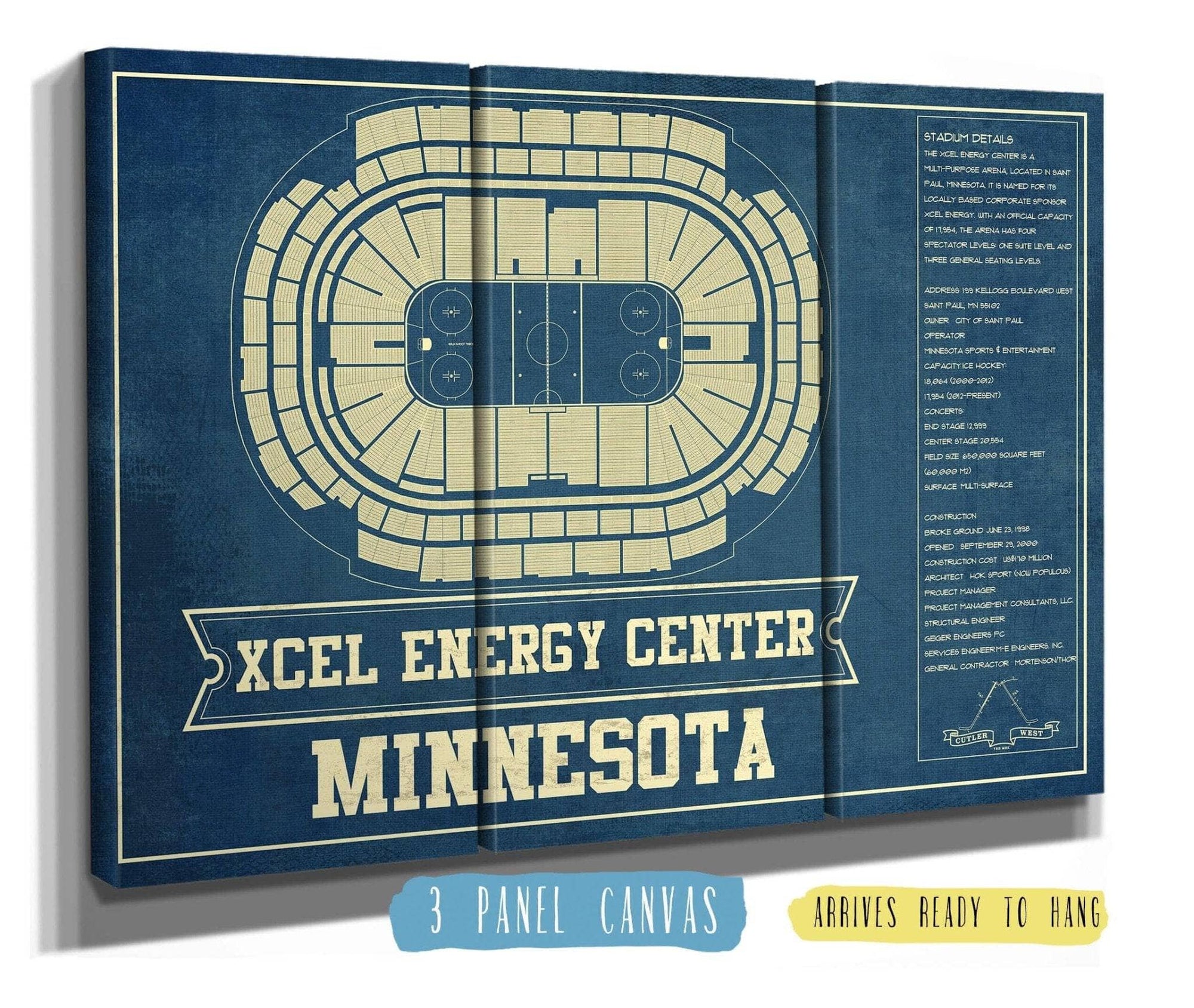 Cutler West 48" x 32" / 3 Panel Canvas Wrap Minnesota Wild - Xcel Energy Center Vintage Hockey Blueprint NHL Print 659981782_79979