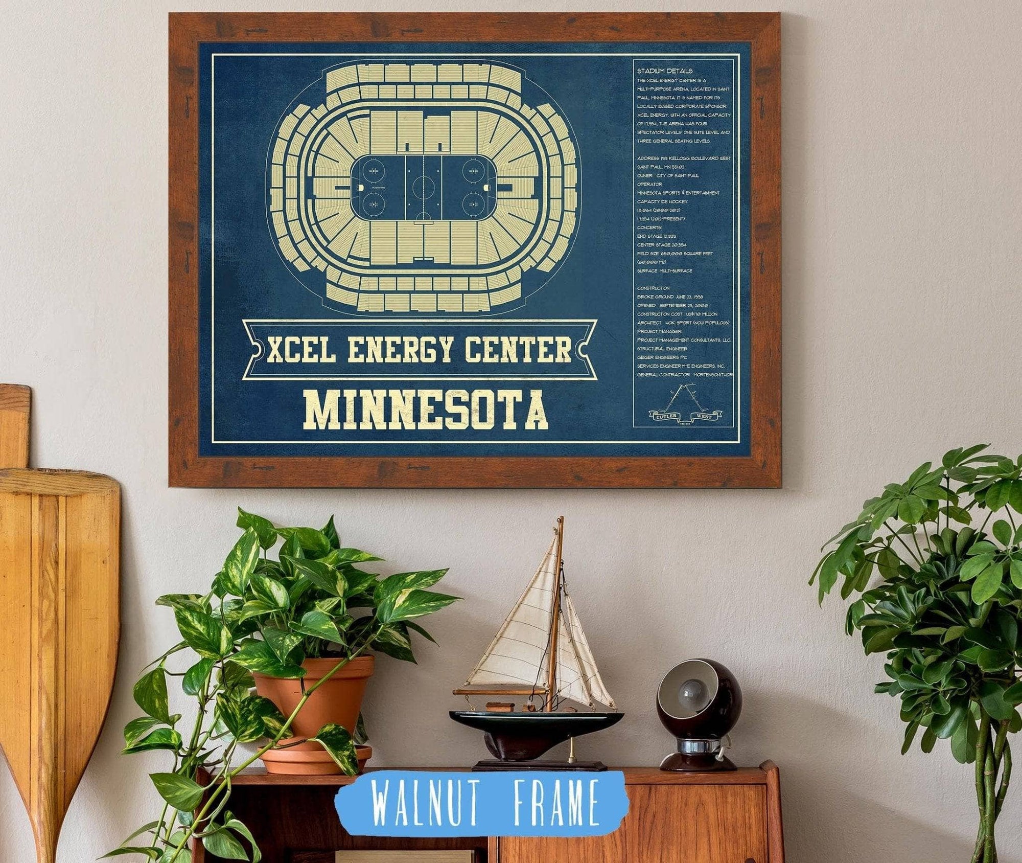 Cutler West 14" x 11" / Walnut Frame Minnesota Wild - Xcel Energy Center Vintage Hockey Blueprint NHL Print 659981782_79932
