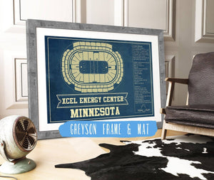 14" x 11" / Greyson Frame & Mat Cutler West Minnesota Wild - Xcel Energy Center Vintage Hockey Blueprint NHL Print