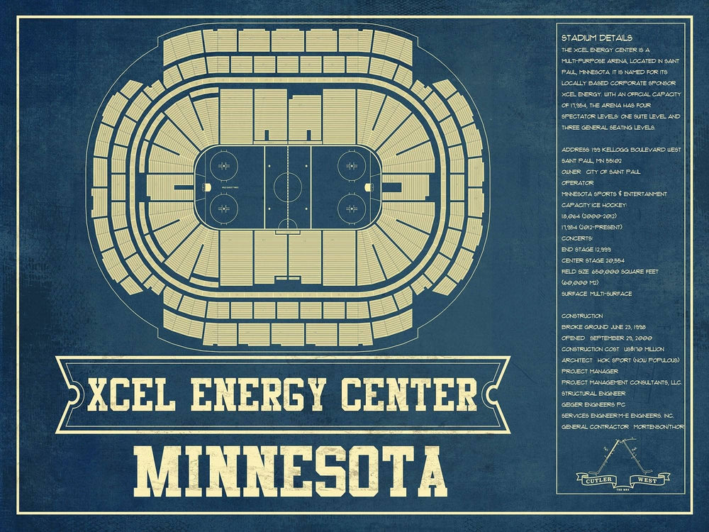14" x 11" / Stretched Canvas Wrap Cutler West Minnesota Wild - Xcel Energy Center Vintage Hockey Blueprint NHL Print