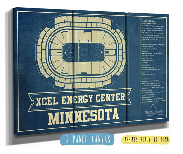 48" x 36" / 3 Panel Canvas Wrap Cutler West Minnesota Wild - Xcel Energy Center Vintage Hockey Blueprint NHL Print