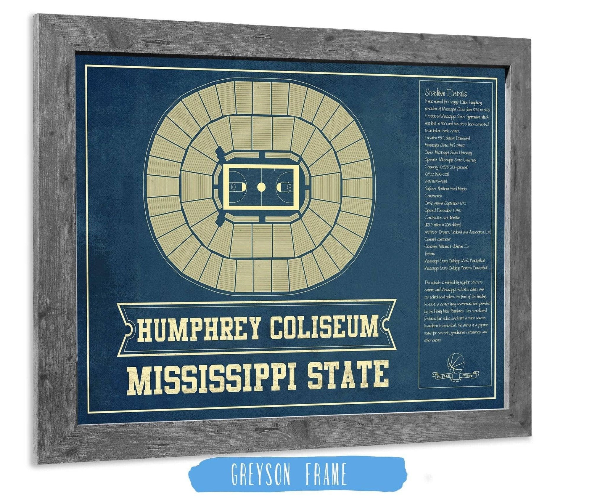 Cutler West 14" x 11" / Greyson Frame Humphrey Coliseum - Mississippi State Bulldogs NCAA College Basketball Blueprint Art 93335022284291