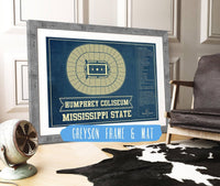 Cutler West 14" x 11" / Greyson Frame & Mat Humphrey Coliseum - Mississippi State Bulldogs NCAA College Basketball Blueprint Art 93335022284292