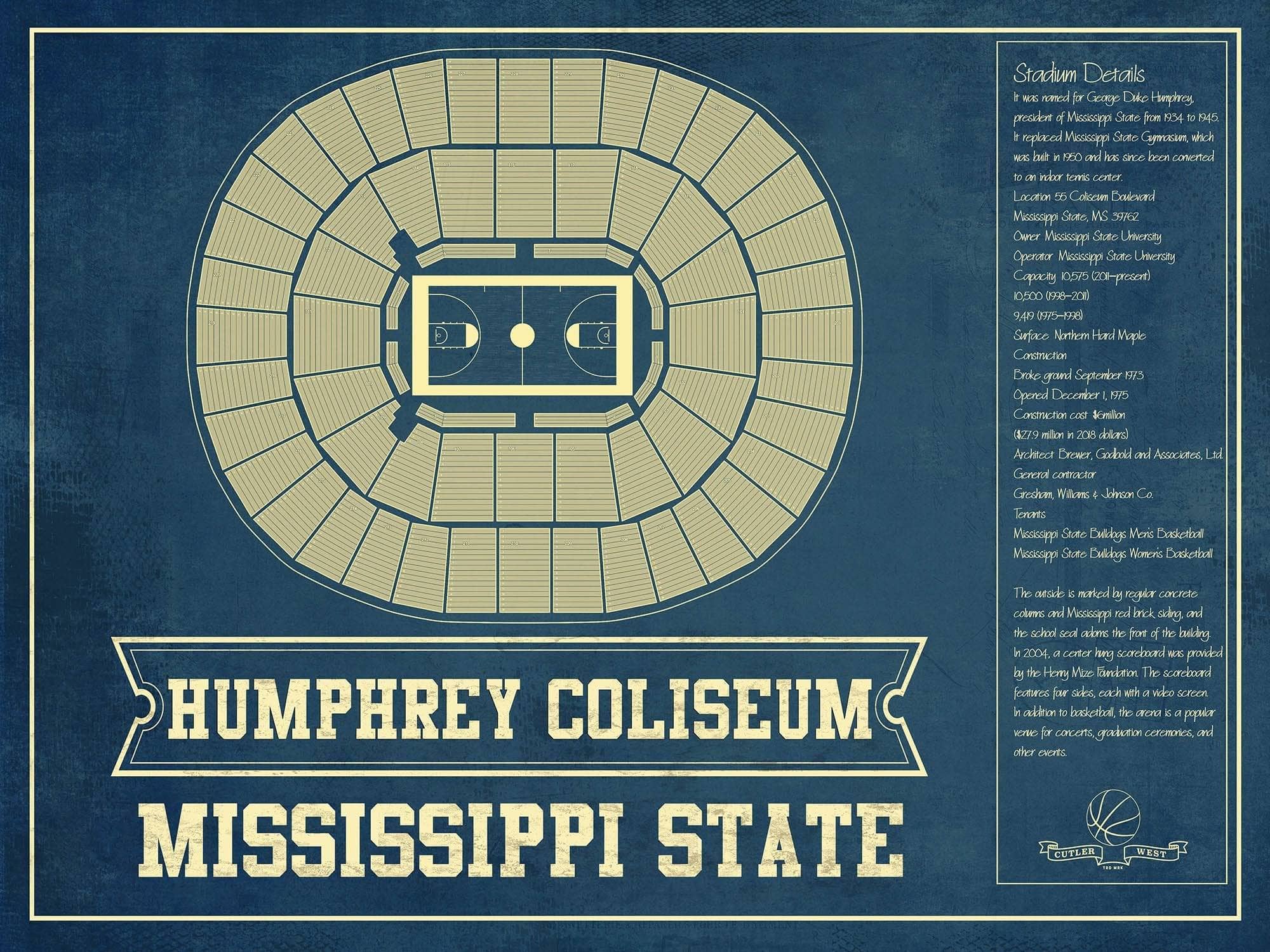 Cutler West 14" x 11" / Unframed Humphrey Coliseum - Mississippi State Bulldogs NCAA College Basketball Blueprint Art 93335022284284