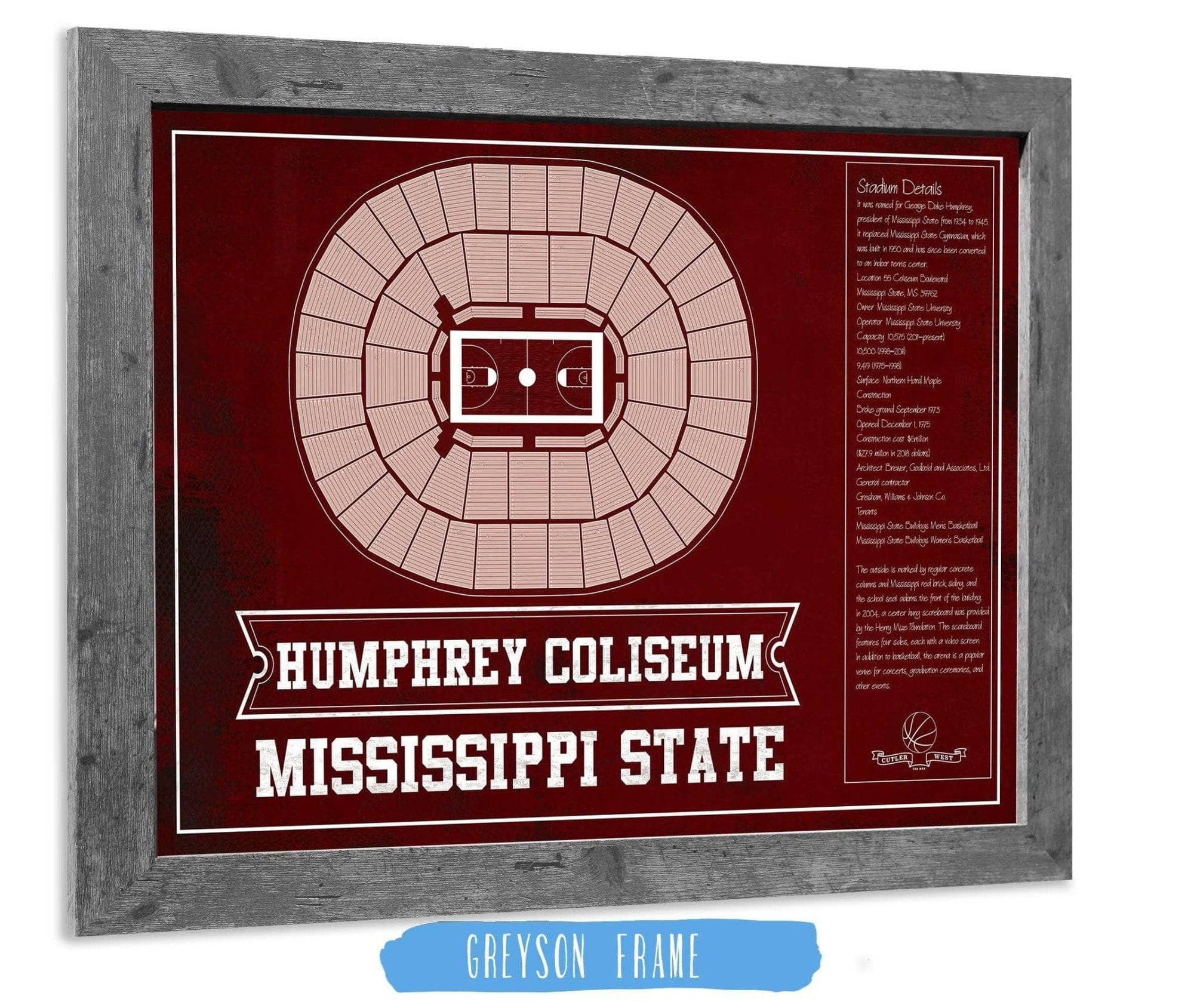 Cutler West Basketball Collection 14" x 11" / Greyson Frame Humphrey Coliseum - Mississippi State Bulldogs NCAA College Basketball Blueprint Art 93335022384357