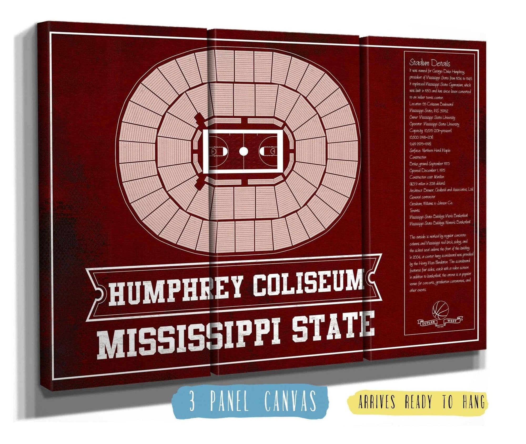 Cutler West Basketball Collection 48" x 32" / 3 Panel Canvas Wrap Humphrey Coliseum - Mississippi State Bulldogs NCAA College Basketball Blueprint Art 93335022384400