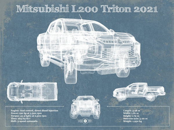 14" x 11" / Unframed Cutler West Mitsubishi L200 Triton 2021 Vintage Blueprint Auto Print