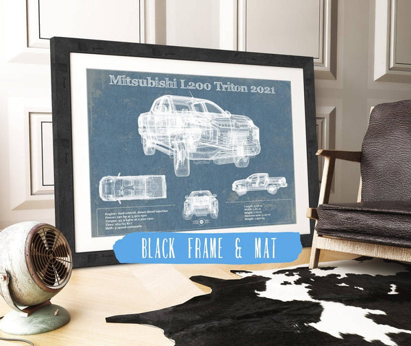 20" x 16" / Black Frame & Mat Cutler West Mitsubishi L200 Triton 2021 Vintage Blueprint Auto Print