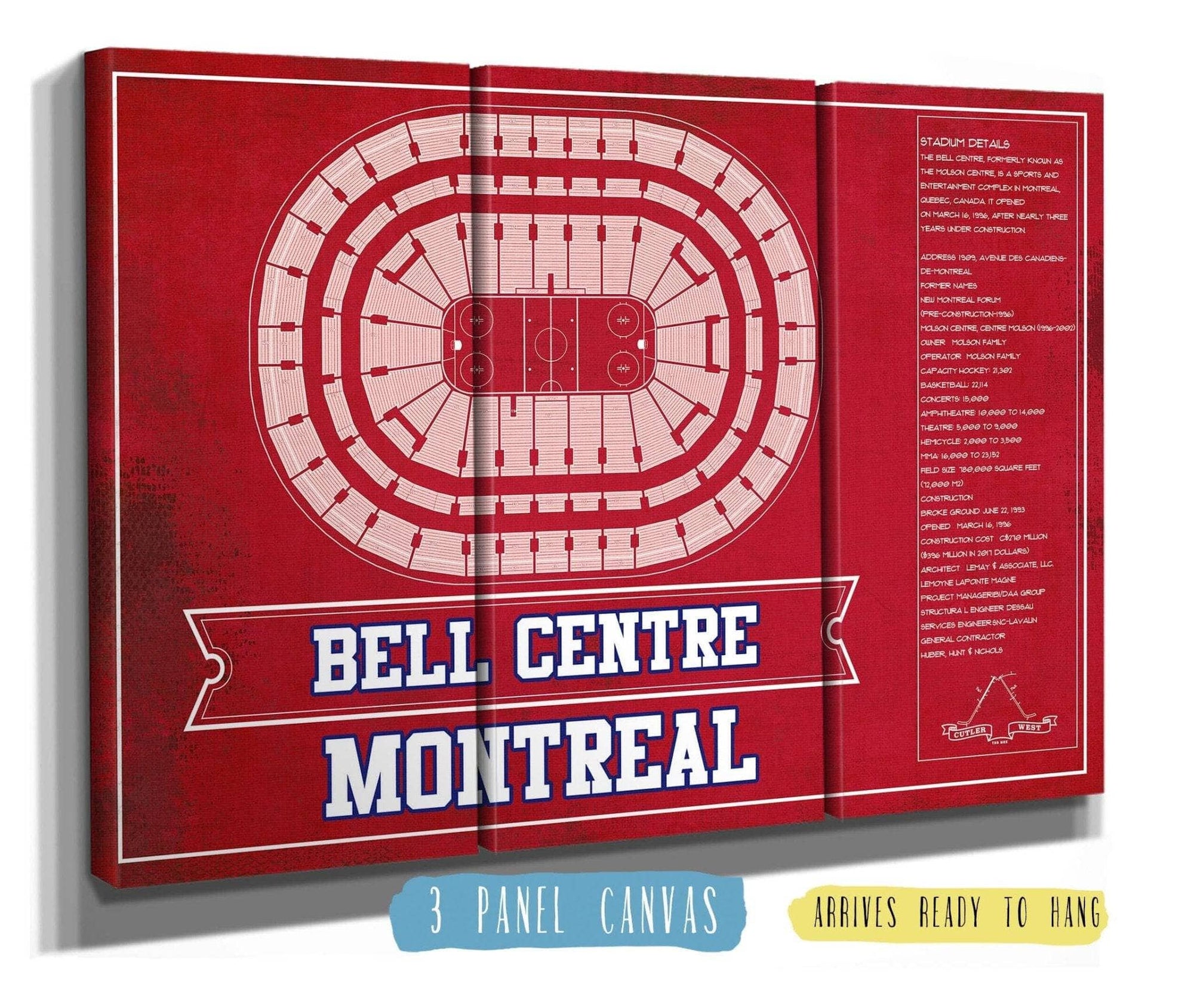 Cutler West 48" x 32" / 3 Panel Canvas Wrap Montreal Canadiens Bell Centre Seating Chart - Vintage Hockey Team Color Print 673822723-TEAM