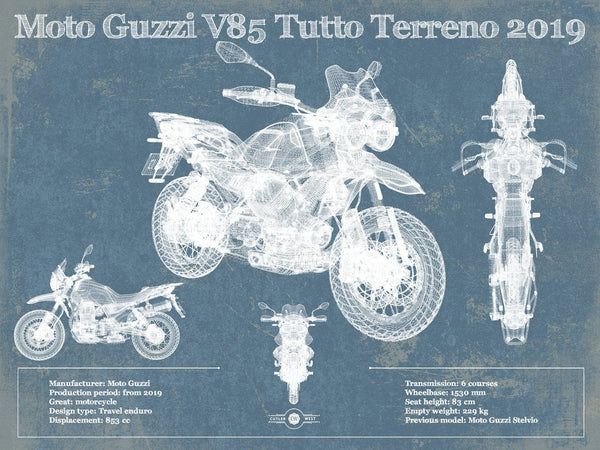 14" x 11" / Unframed Cutler West Moto Guzzi V85 Tutto Terreno 2019 Blueprint Motorcycle Patent Print