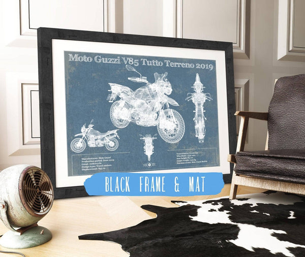 20" x 16" / Black Frame & Mat Cutler West Moto Guzzi V85 Tutto Terreno 2019 Blueprint Motorcycle Patent Print