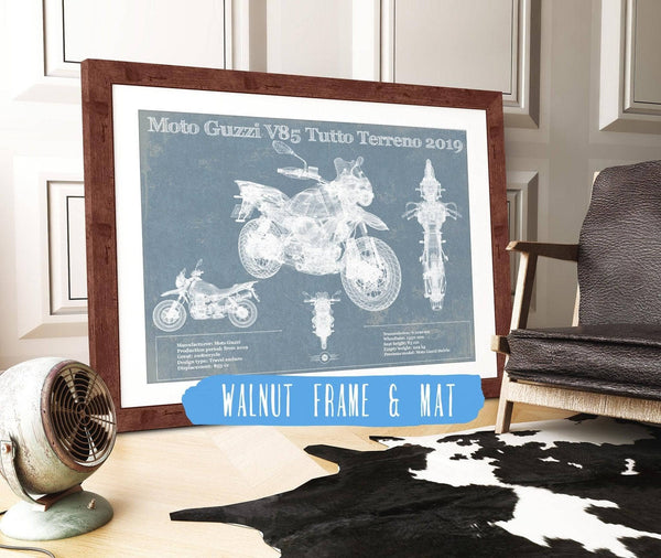 20" x 16" / Walnut Frame & Mat Cutler West Moto Guzzi V85 Tutto Terreno 2019 Blueprint Motorcycle Patent Print
