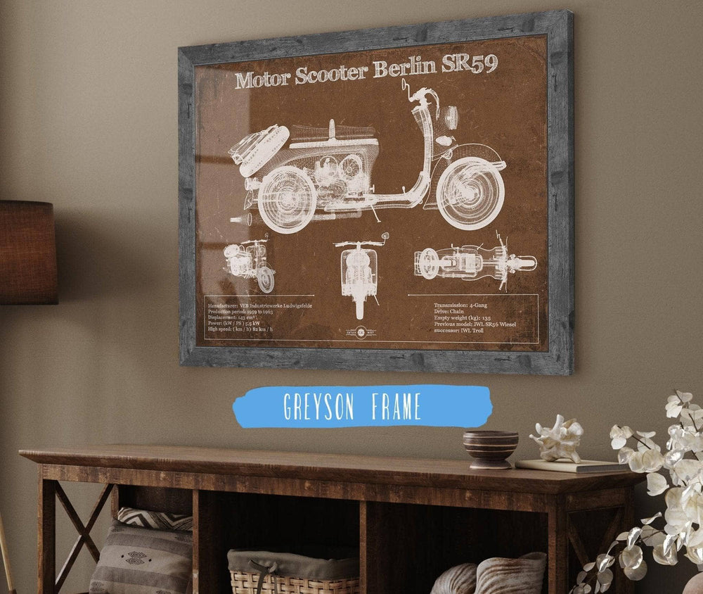 14" x 11" / Stretched Canvas Wrap Cutler West Motor Scooter IWL Berlin SR59 Vintage Blueprint Motorcycle Print