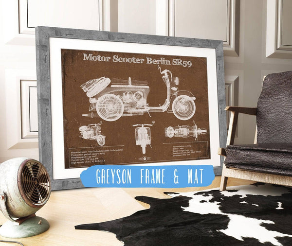 14" x 11" / Greyson Frame & Mat Cutler West Motor Scooter IWL Berlin SR59 Vintage Blueprint Motorcycle Print