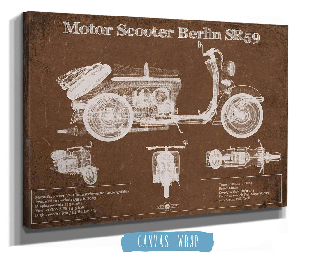 14" x 11" / Stretched Canvas Wrap Cutler West Motor Scooter IWL Berlin SR59 Vintage Blueprint Motorcycle Print