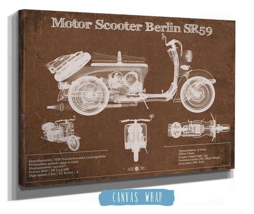 14" x 11" / Stretched Canvas Wrap Cutler West Motor Scooter IWL Berlin SR59 Vintage Blueprint Motorcycle Print