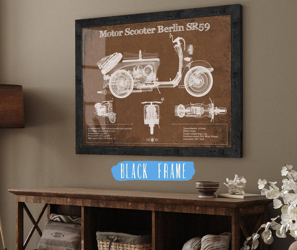 20" x 16" / Black Frame Cutler West Motor Scooter IWL Berlin SR59 Vintage Blueprint Motorcycle Print