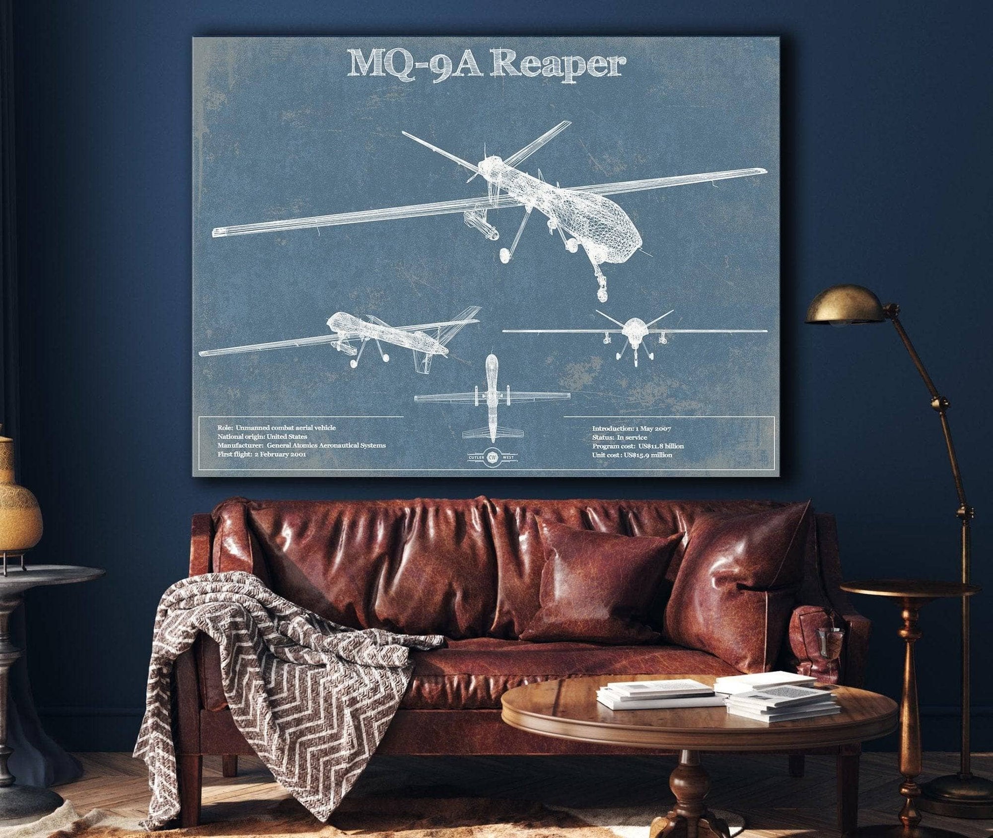 Cutler West Military Aircraft U.S. Air Force MQ-9A Reaper Vintage Aviation Blueprint Military Print