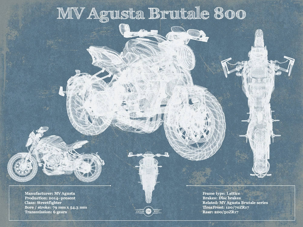 14" x 11" / Stretched Canvas Wrap Cutler West Mv Agusta Brutale 800 Blueprint Motorcycle Patent Print