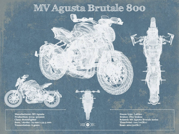 14" x 11" / Unframed Cutler West Mv Agusta Brutale 800 Blueprint Motorcycle Patent Print