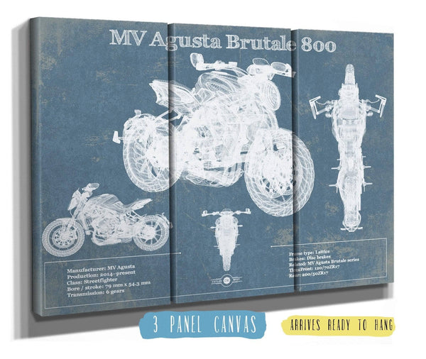 36" x 24" / 3 Panel Canvas Wrap Cutler West Mv Agusta Brutale 800 Blueprint Motorcycle Patent Print