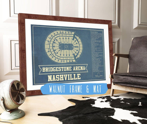 20" x 16" / Walnut Frame & Mat Cutler West Nashville Predators Bridgestone Arena Seating Chart - Vintage Hockey Print