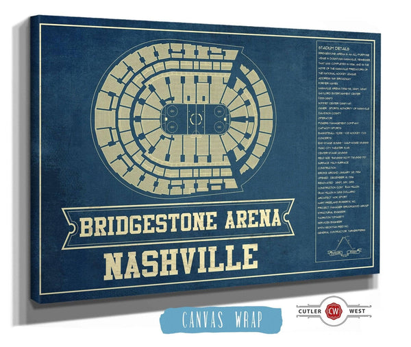 36" x 24" / 3 Panel Canvas Wrap Cutler West Nashville Predators Bridgestone Arena Seating Chart - Vintage Hockey Print