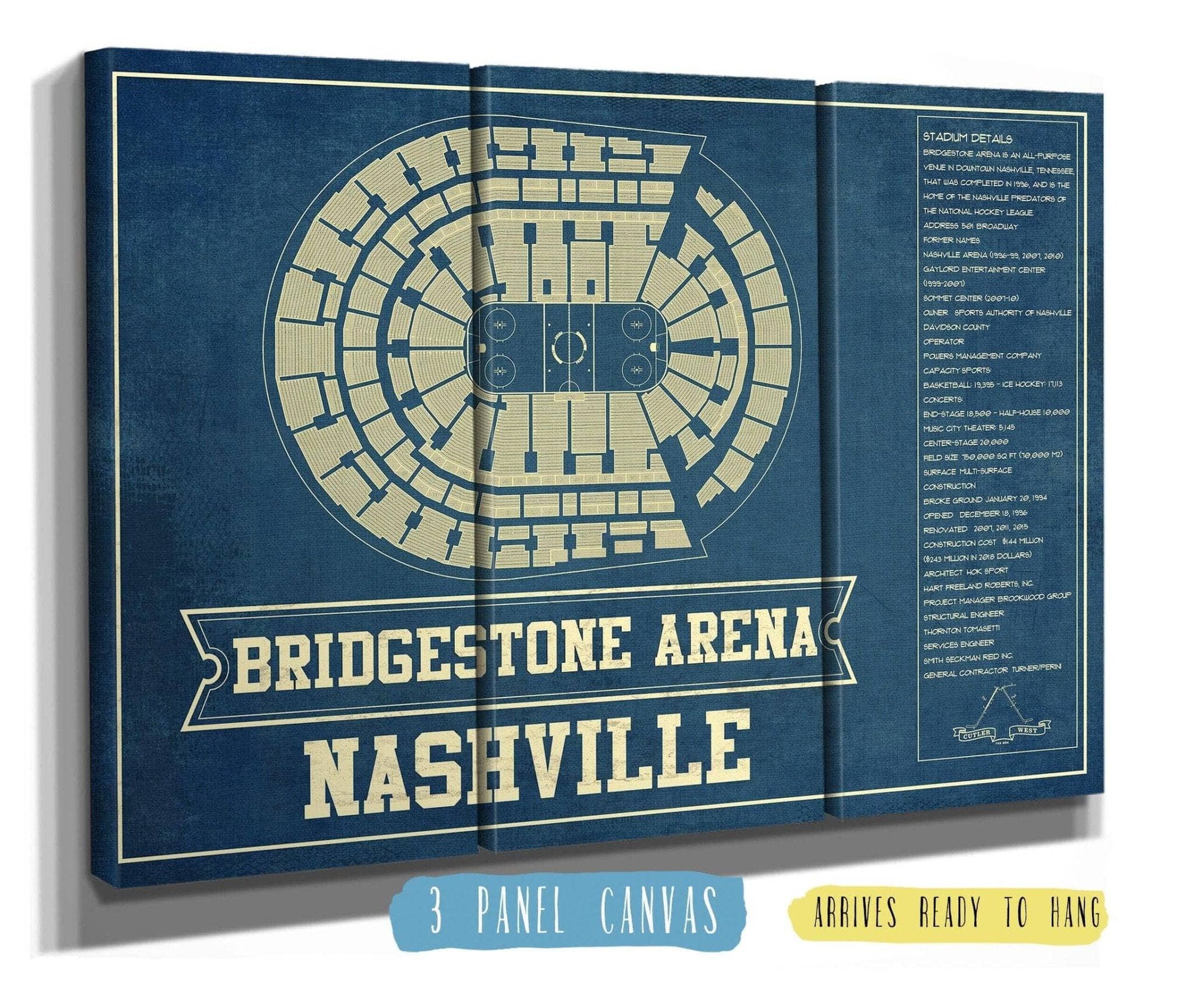 Cutler West 48" x 32" / 3 Panel Canvas Wrap Nashville Predators Bridgestone Arena Seating Chart - Vintage Hockey Print 673823609_80177