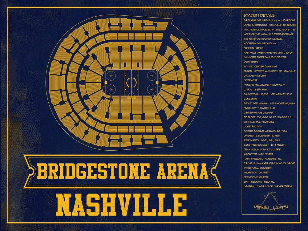 14" x 11" / Stretched Canvas Wrap Cutler West Nashville Predators Bridgestone Arena Seating Chart - Vintage Hockey Team Color Print