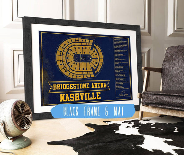 20" x 16" / Black Frame & Mat Cutler West Nashville Predators Bridgestone Arena Seating Chart - Vintage Hockey Team Color Print