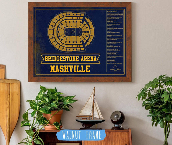 20" x 16" / Walnut Frame Cutler West Nashville Predators Bridgestone Arena Seating Chart - Vintage Hockey Team Color Print
