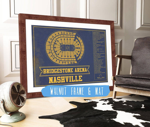 20" x 16" / Walnut Frame & Mat Cutler West Nashville Predators Bridgestone Arena Seating Chart - Vintage Hockey Team Color Print