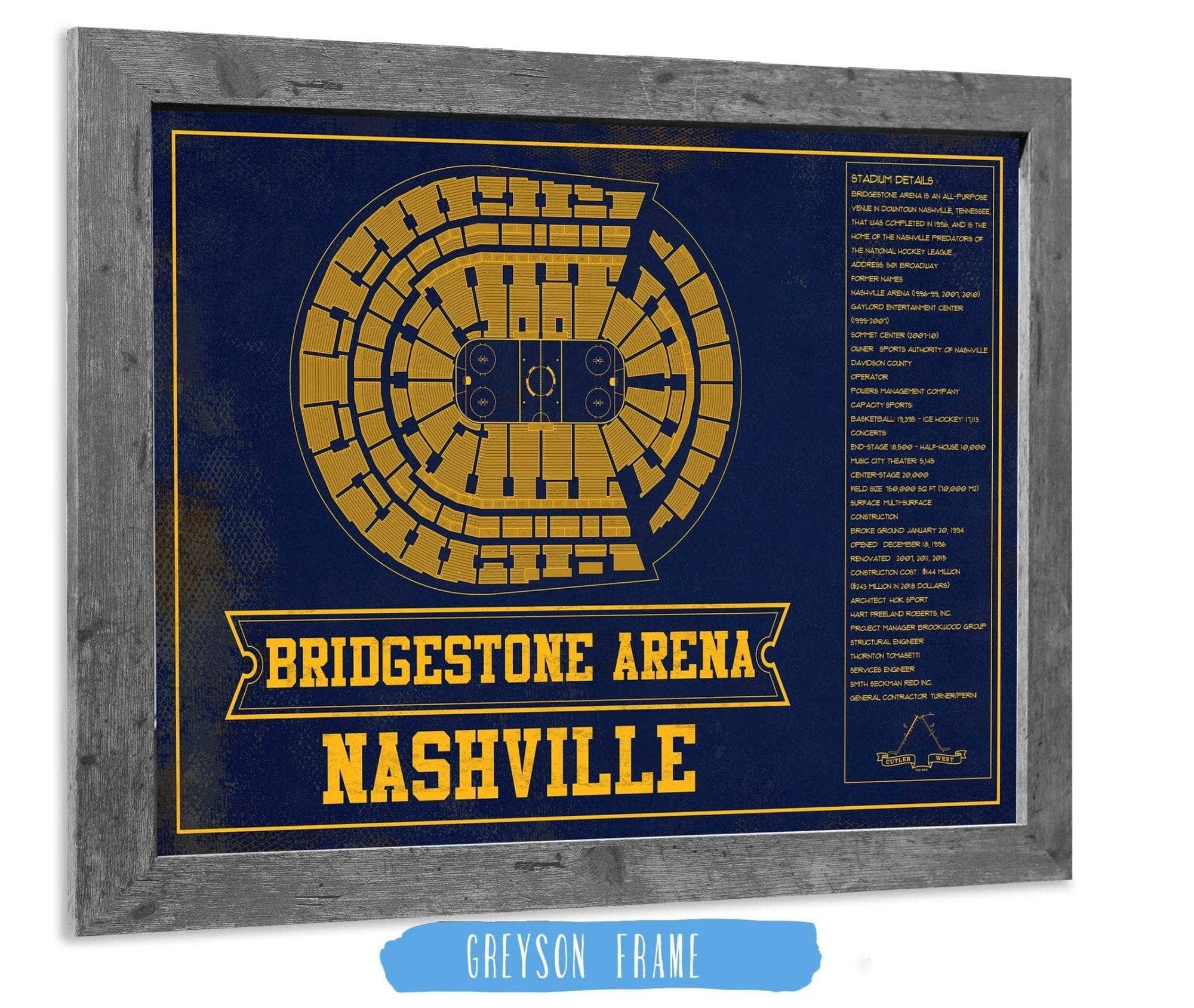 Cutler West 14" x 11" / Greyson Frame Nashville Predators Bridgestone Arena Seating Chart - Vintage Hockey Team Color Print 673823609-TEAM