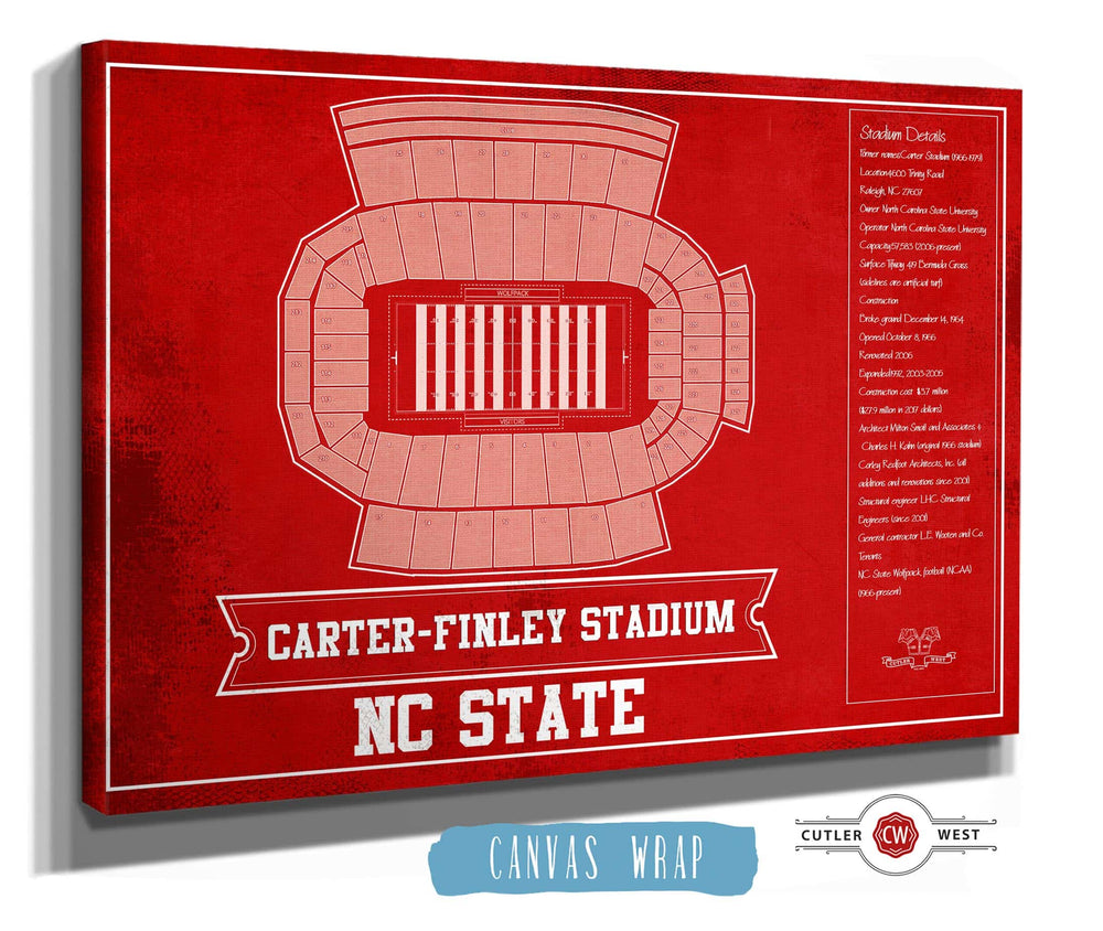 14" x 11" / Stretched Canvas Wrap Cutler West NC State Wolfpack Team Colors - Carter-Finley Stadium Vintage Seating Chart