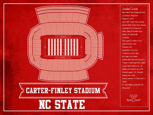 14" x 11" / Unframed Cutler West NC State Wolfpack Team Colors - Carter-Finley Stadium Vintage Seating Chart